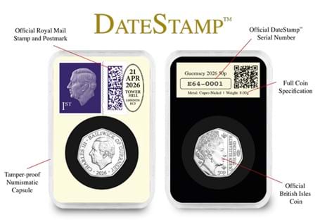 The official QEII Centenary 50p DateStamp has been issued to mark 100 years since the birth of Queen Elizabeth II. The coin is securely encapsulated in a tamper-proof numismatic capsule