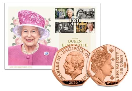 Issued to mark the Centenary of QEII, the cover features the new 2026 Centenary Gold 50p struck from 22 Ct Gold. Paired with four new Royal Mail Centenary 1st class stamps. Postmarked 21/04/26. EL: 15