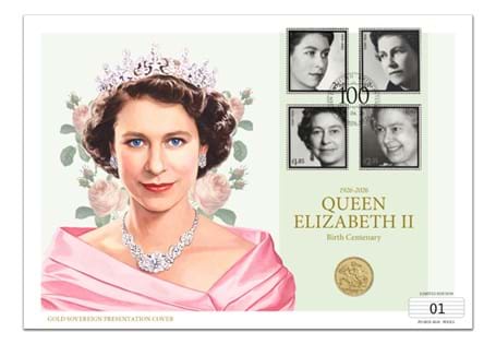 This exclusive presentation cover features a 22-carat gold 2026 sovereign and four Royal Mail stamps featuring the Queen, postmarked with what would have been her 100th birthday 21.04.26. 25 worldwide