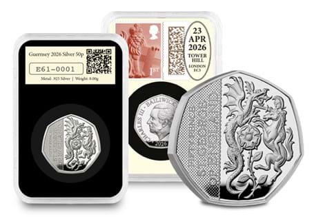 This DateStamp™ features the 2026 Guernsey Silver Proof Saint George 50p. Alongside it sits the 1st Class Country Definitive stamps postmarked with St. George's Day 2026. 