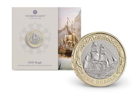 This Brilliant Uncirculated UK £2 coin marks the 200th anniversary of the ship's first voyage, featuring the famous vessel surrounded by animals. Comes in official Royal Mint packaging.