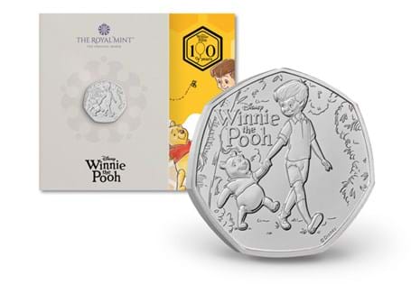 This UK 2026 Brilliant Uncirculated 50p has been issued by The Royal Mint to celebrate 100 years of Winnie the Pooh. The second coin in this three-coin collection celebrates loyalty.