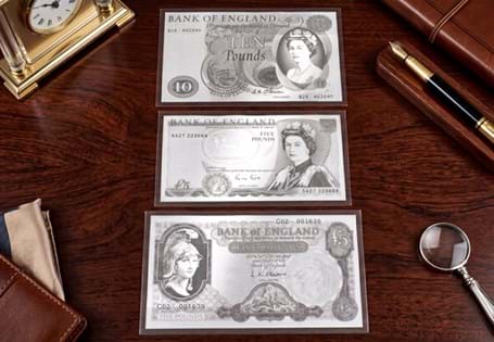 A trio of silver reproductions of historic '1sts' for banknotes. 