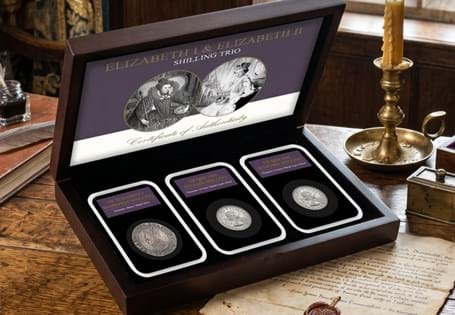 This historic pair features a genuine Elizabeth I Shilling alongside the last circulating pre-decimal Scottish and English Shillings from 1966.