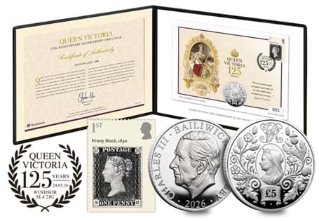 Coin cover featuring the 2026 Jersey Queen Victoria 125th Anniversary Silver Proof £5 and the 2025 Royal Mail Penny Black 1st Class Stamp. Limited to just 150 worldwide.