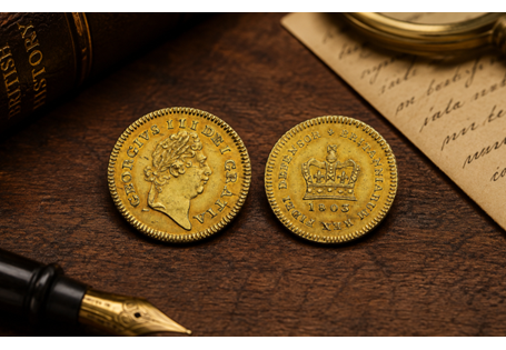 The King George III Gold Third Guinea features a distinctive crown reverse design and was struck from 22 Carat Gold. With the 'Second' portrait on the obverse.