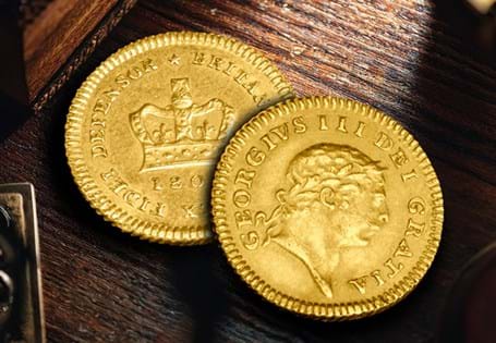 The King George III Gold Third Guinea features a distinctive crown reverse design and was struck from 22 Carat Gold. With the 'Military' portrait on the obverse. 
