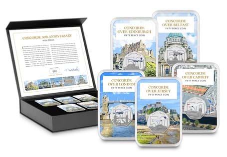 Celebrate 50 years of Concorde with this exclusive 5-coin colour-enhanced 50p set, featuring bespoke artwork by renowned transport artist Trevor Mitchell and a hand-signed Certificate. EL: 495.