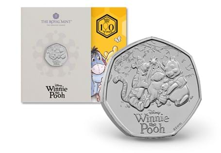 This UK 2026 Brilliant Uncirculated 50p has been issued by The Royal Mint to celebrate 100 years of Winnie the Pooh. The third coin in this three-coin collection celebrates friendship. 