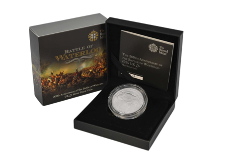This 2015 UK Silver Crown commemorates the 200th anniversary of the Battle of Waterloo. Complete in Royal Mint packaging with cert.