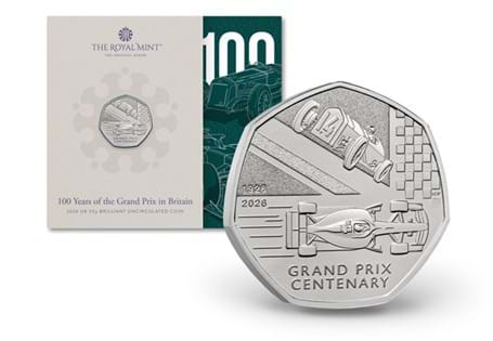 This Brilliant Uncirculated 2026 dated UK 50p has been issued by The Royal Mint to celebrate 100 Years of the British Grand Prix. Comes in official Royal Mint packaging.