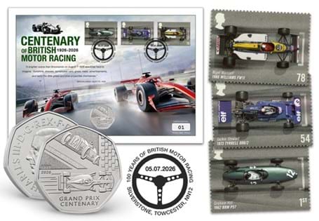 This 2026 Grand Prix Stamp and Coin Cover has been issued to celebrate 100 years of British Motorsport. Brings together The UK 2026 Grand Prix Centenary BU 50p with three Royal Mail Motorsport Stamps.