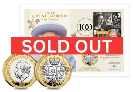 Marking the centenary of QEII, this cover features the Centenary Silver £1 coin, struck from Sterling Silver to a Proof finish. Displayed in a presentation cover and postmarked on 21/04/26. EL: 100