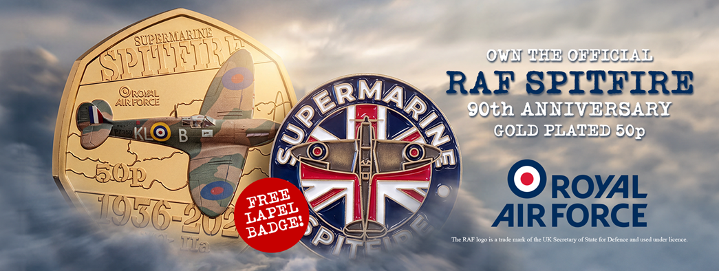 The Official RAF Spitfire Gold Plated Colour 50p and Free Lapel Badge