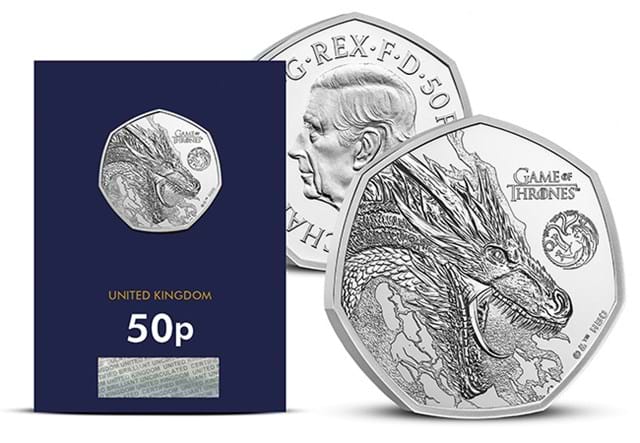 Game Of Thrones 50P FIRE Obvrev Of Coin With Packaging In CC Packaging 650X450