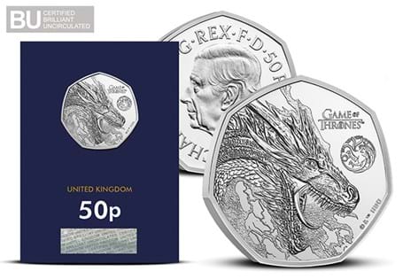 To celebrate the epic Game of Thrones TV series, The Royal Mint has released two official UK coins. This 50p coin pays tribute to the power of fire. Struck to a Brilliant Uncirculated quality.