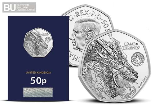 Game Of Thrones 50P FIRE Obvrev Of Coin With Packaging In CC Packaging With CBU Logo 650X450