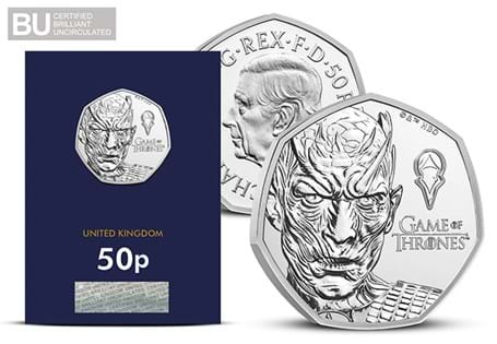 To celebrate the epic Game of Thrones TV series, The Royal Mint has released two official UK coins. This 50p coin pays tribute to the power of Ice. Struck to a Brilliant Uncirculated quality.
