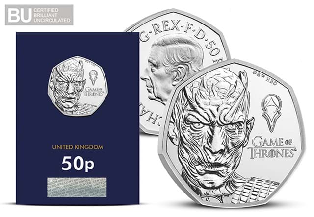 Game Of Thrones 50P ICE Obvrev Of Coin With Packaging In CC Packaging With CBU Logo 650X450