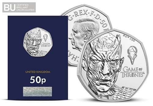 Game Of Thrones 50P ICE Obvrev Of Coin With Packaging In CC Packaging With CBU Logo 650X450