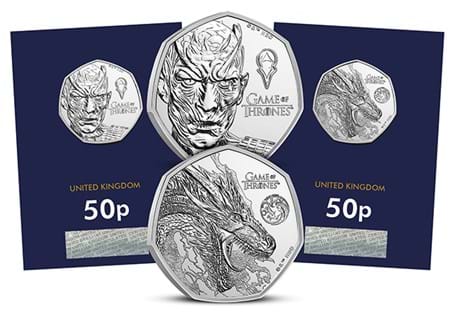 The Royal Mint has issued two official UK 50p coins to celebrate the epic fantasy TV show, Game of Thrones. Both Brilliant Uncirculated coins are included in this exclusive 50p pair.