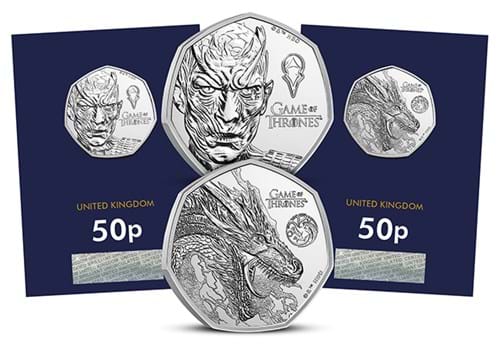 Game Of Thrones 50P BU Coin REVERSE PAIR & Packaging FIRE & ICE