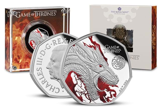 Game Of Thrones 50P Silver Coin And Packaging FIRE