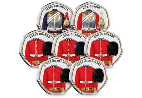 The 'All The King's Forces' Commemorative Collection features seven original designs depicting the uniforms of each of the regiments in His Majesty's Household Division. EL: 2023. 